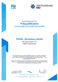 Zertifikate des Unternehmens Pagel Gerüstbau GmbH Bescheinigung über die Präqualifikation (PDF)